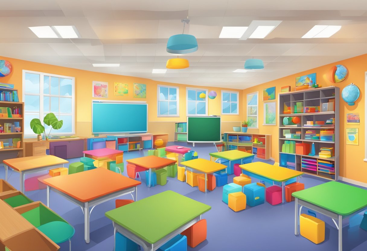 A colorful classroom with diverse learning materials and interactive tools, promoting creativity and holistic development