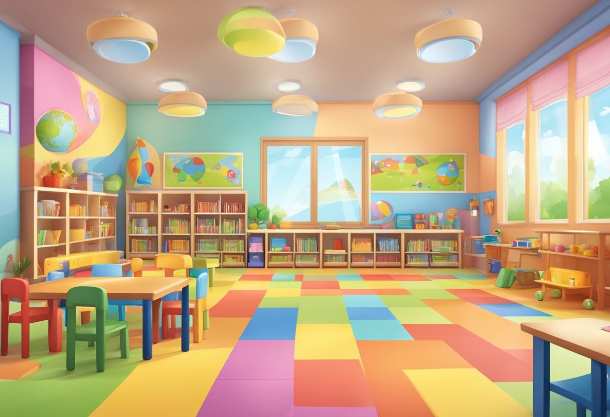 A colorful and inviting Kindergarten classroom with educational posters, shelves of books and toys, and small tables and chairs arranged for group activities