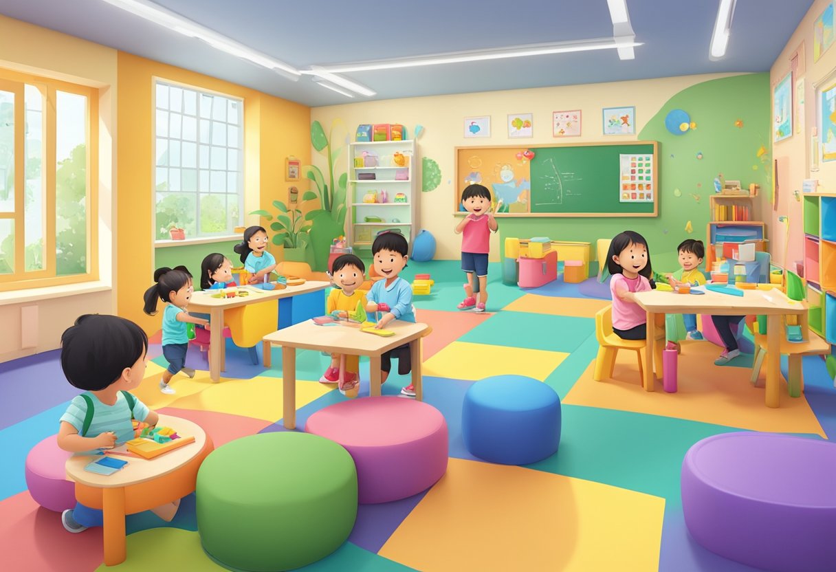 Children playing and learning in a colorful and vibrant classroom at Kinderland Singapore, with teachers engaging and guiding them through various activities