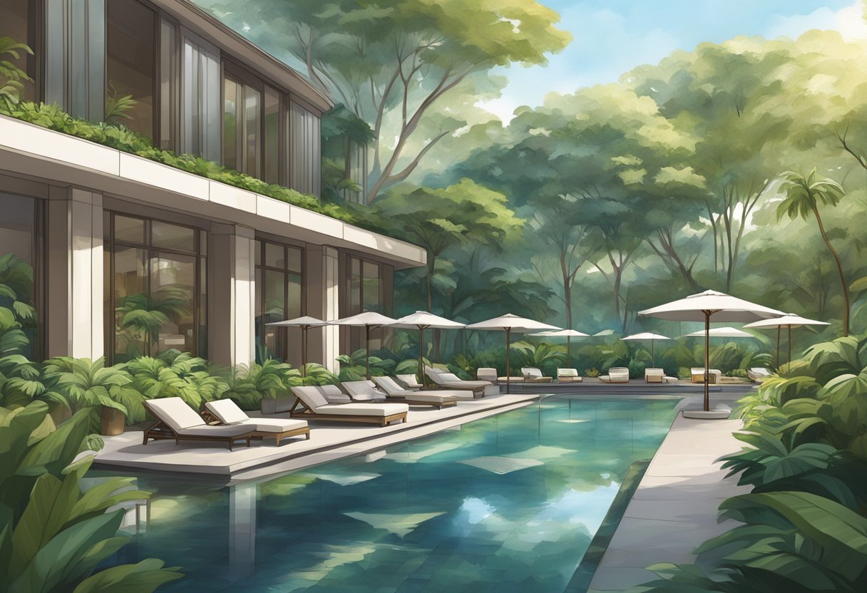 A serene pool surrounded by lush greenery and elegant lounge chairs at Hyatt Singapore, exuding a sense of relaxation and luxury