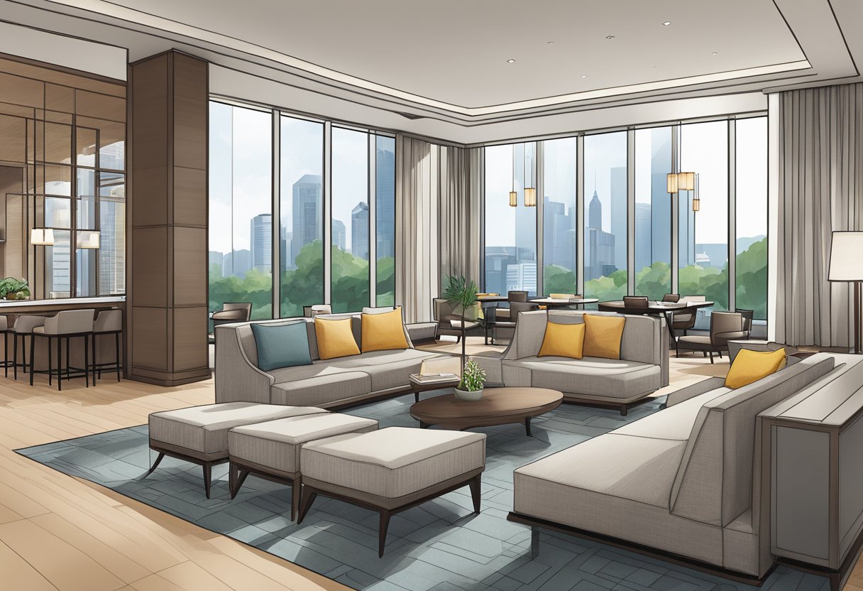 The Hyatt Singapore FAQ page features a modern lobby with sleek furniture and a friendly concierge desk. The backdrop showcases the city skyline through floor-to-ceiling windows