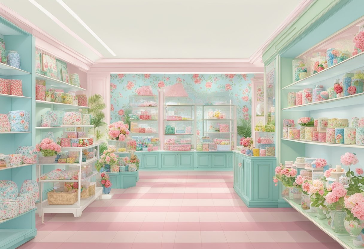A colorful display of Cath Kidston products in a Singaporean storefront, featuring floral patterns and vintage-inspired designs