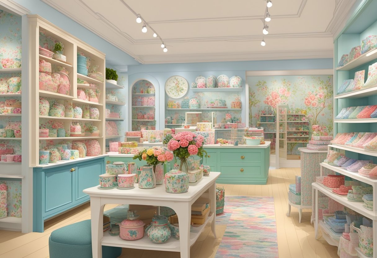 A bustling Cath Kidston store in Singapore, filled with colorful floral prints and vintage-inspired designs. Shelves lined with charming home goods and accessories, while customers browse the cheerful displays