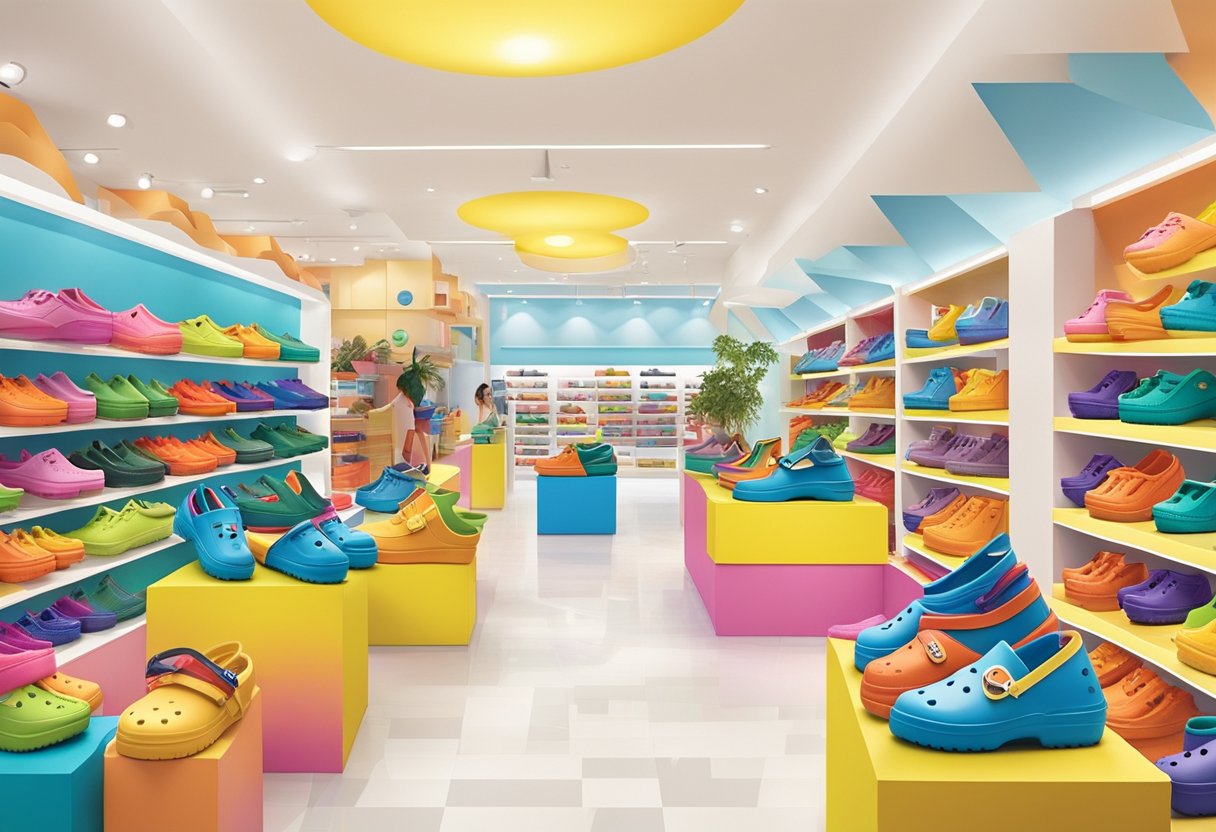The Crocs outlet in Singapore bustles with shoppers trying on colorful shoes and browsing displays of the latest styles. Bright lights illuminate the store, and the air is filled with the sound of excited chatter and the rustling of shoe boxes