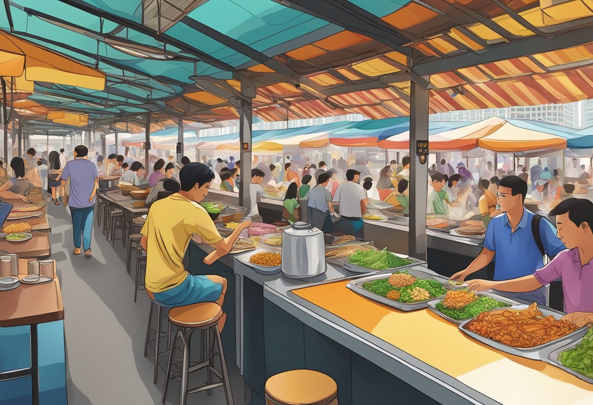 A bustling hawker center in Singapore, filled with colorful food stalls and bustling with diners enjoying a variety of delicious local dishes