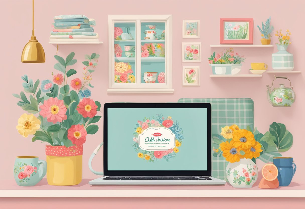 A laptop displaying the Cath Kidston website with various colorful and floral products, surrounded by a cozy home environment with soft lighting and decorative accents