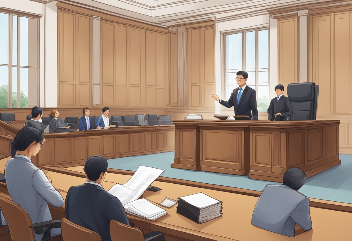A lawyer in a Singaporean courtroom presenting evidence to a judge and jury. The courtroom is filled with legal documents and the lawyer is dressed in a professional suit