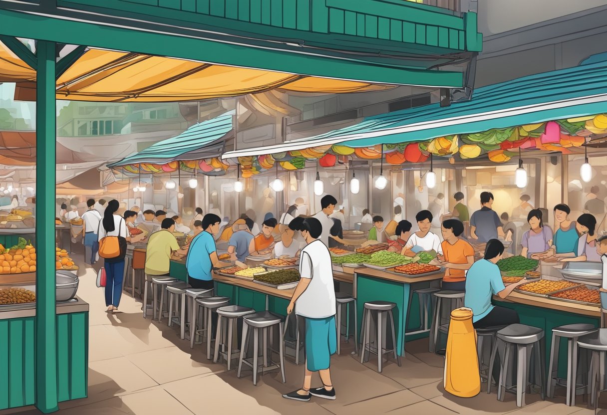 A bustling hawker center in Singapore, with colorful stalls offering a variety of aromatic and delicious local dishes