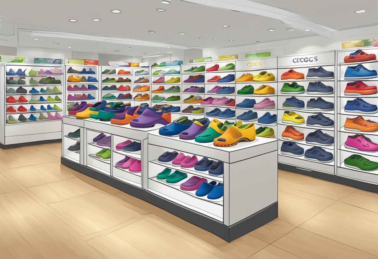 A display of various Crocs footwear styles at the Singapore outlet, showcasing a range of colors, sizes, and designs