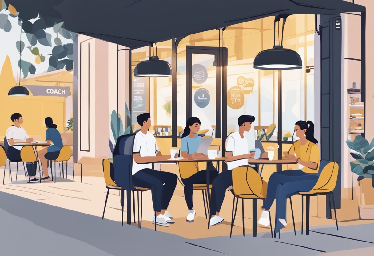 Customers seated at cafe tables, chatting with a coach. Signage reads "Frequently Asked Questions coach cafe Singapore."
