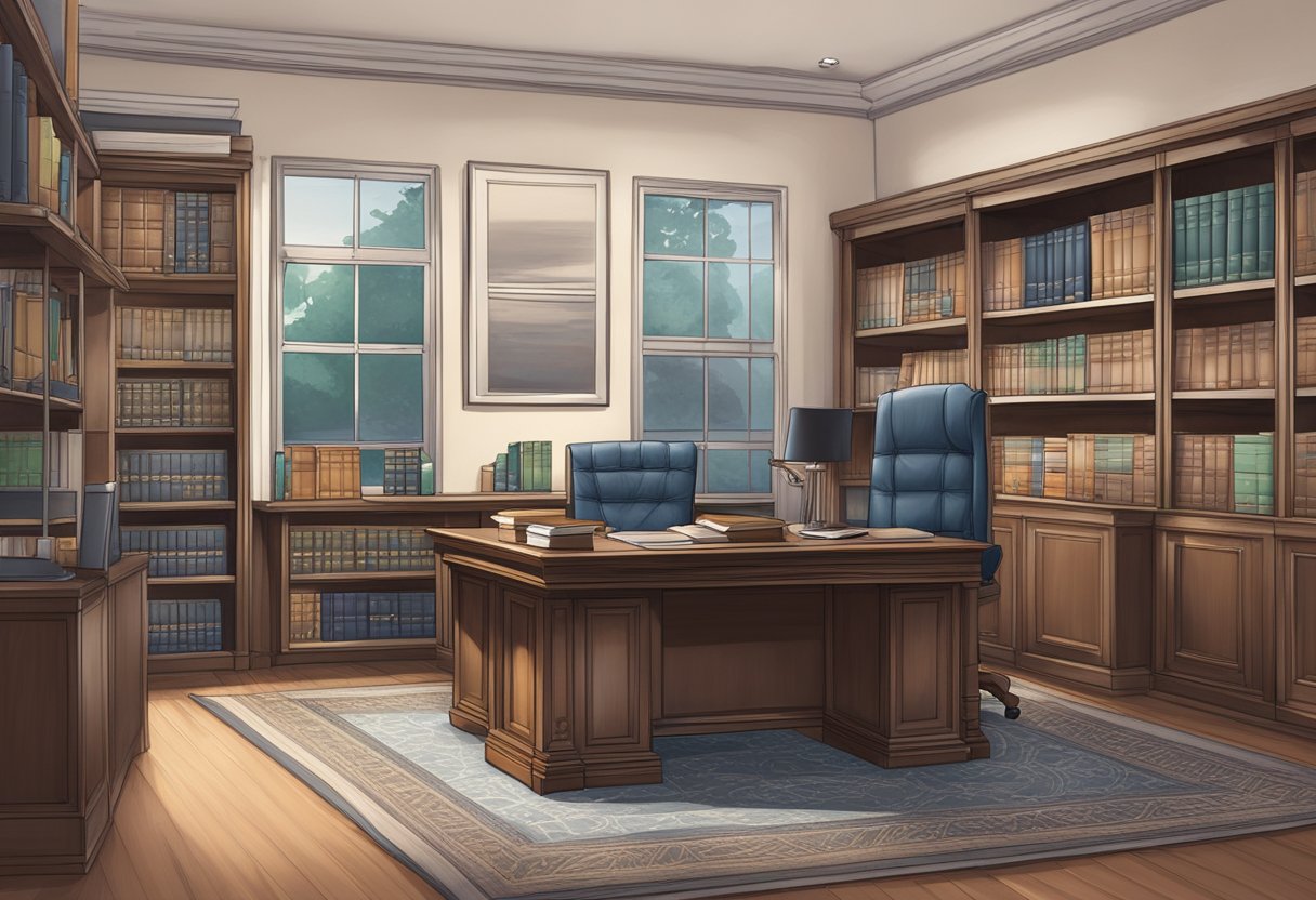 A lawyer's office in Singapore, with shelves of legal books, a desk with a computer, and a framed law degree on the wall