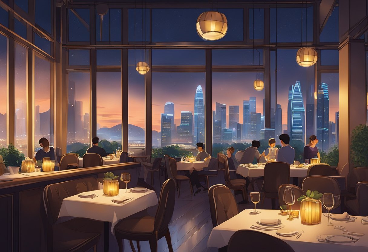 A cozy restaurant in Singapore, with warm lighting, elegant decor, and bustling ambiance. Tables are set with gleaming cutlery and glasses, while a view of the city skyline adds to the enchanting atmosphere