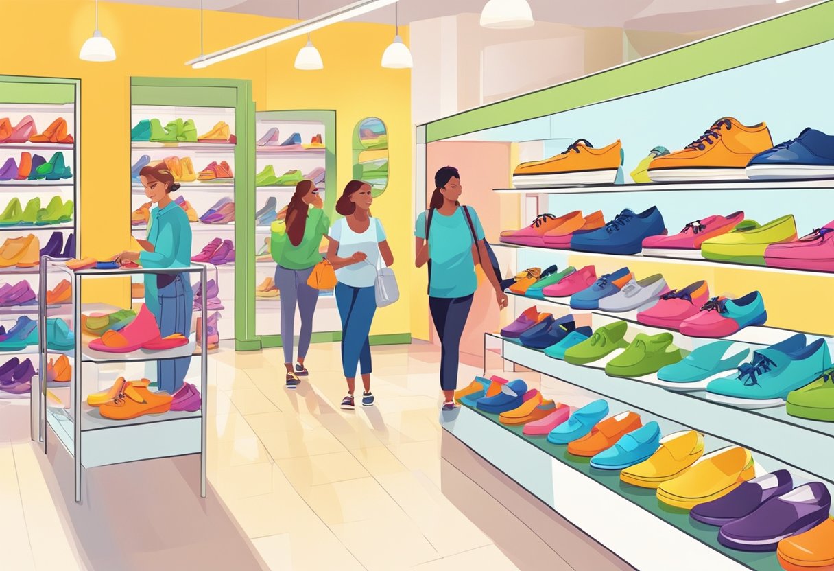 Customers browsing colorful shoes at Crocs outlet, trying on pairs, and making purchases. Displays of various styles and sizes. Bright and inviting atmosphere