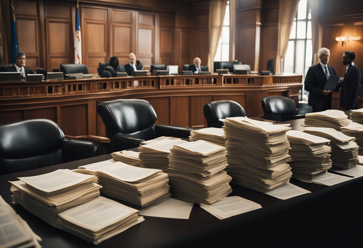 A courtroom scene with lawyers, judges, and a jury, with piles of evidence and documents related to pollution lawsuits