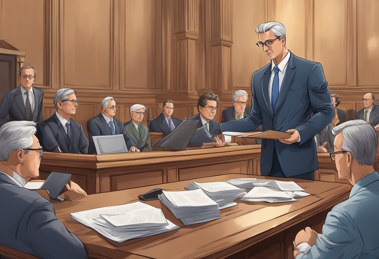 A lawyer in a courtroom presenting a case to a judge and jury, with a tense atmosphere and legal documents scattered on the table