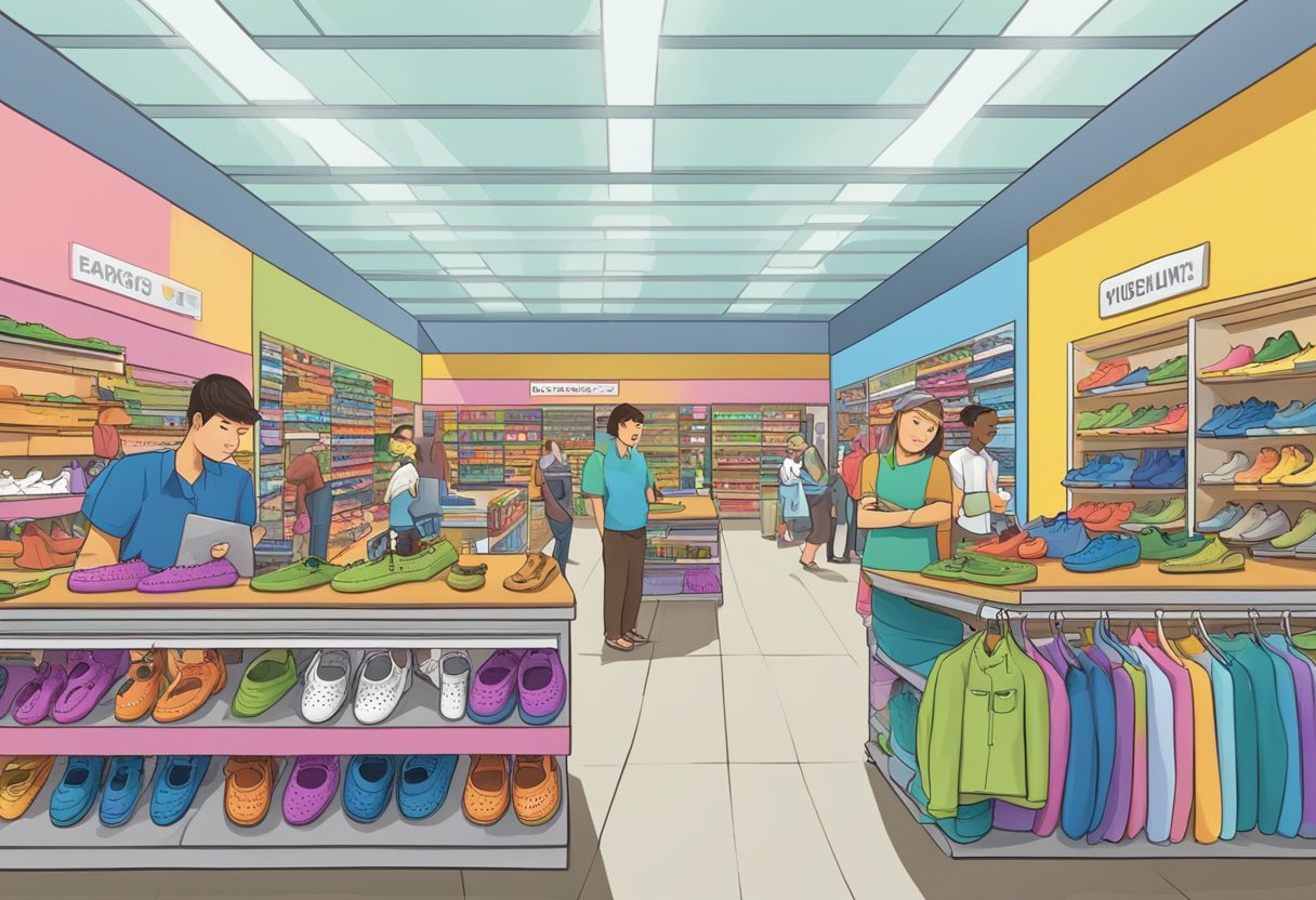 A busy outlet store with shelves of colorful Crocs, customers browsing, and a prominent "Frequently Asked Questions" sign