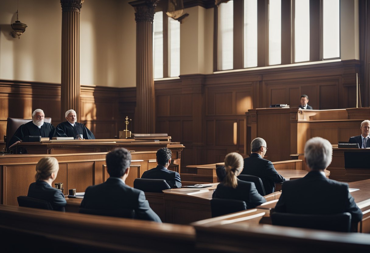 A courtroom with lawyers presenting evidence and a judge presiding over major pollution lawsuits