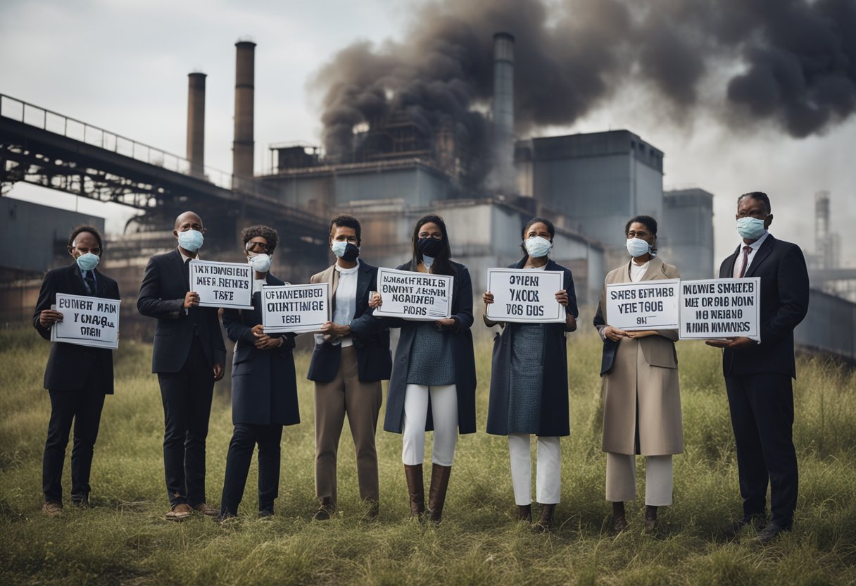 A group of plaintiffs stand outside a polluted industrial site, holding signs and wearing masks. The air is thick with smog, and toxic waste can be seen seeping into the ground