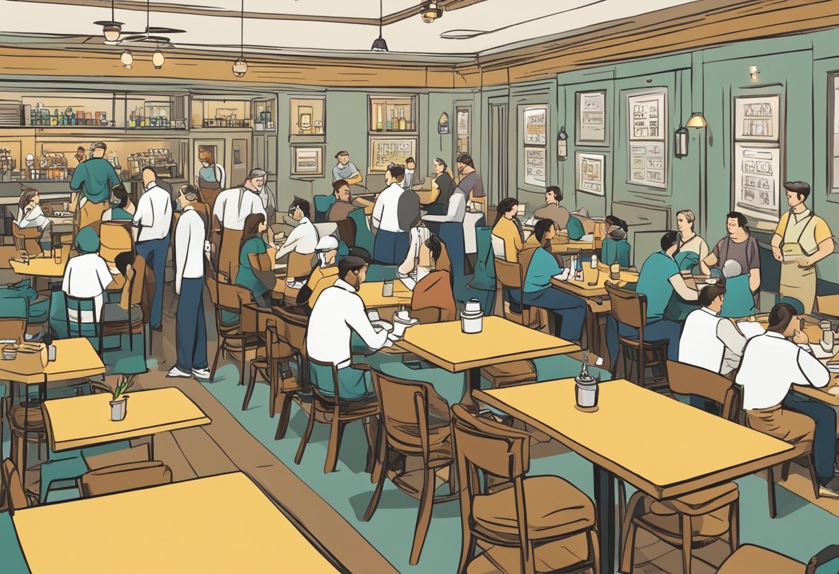 A bustling restaurant with tables filled with diners, waitstaff moving briskly, and a prominent sign labeled "Frequently Asked Questions" for diners to easily access
