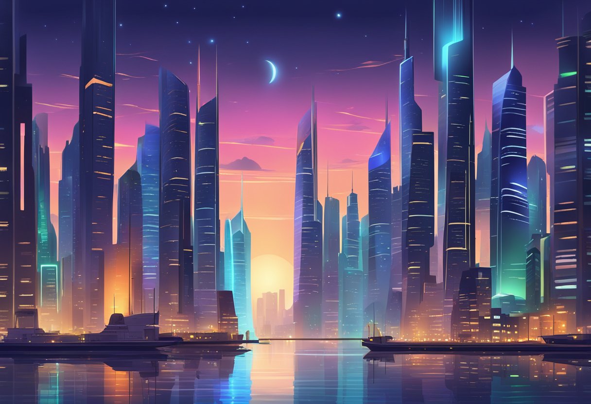 A futuristic cityscape with sleek skyscrapers and vibrant lights, reflecting off the calm waters of a harbor at night