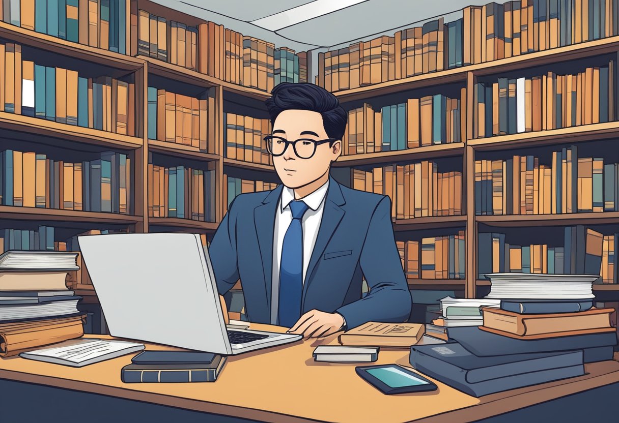 A lawyer in Singapore answering common questions, surrounded by legal books and a computer