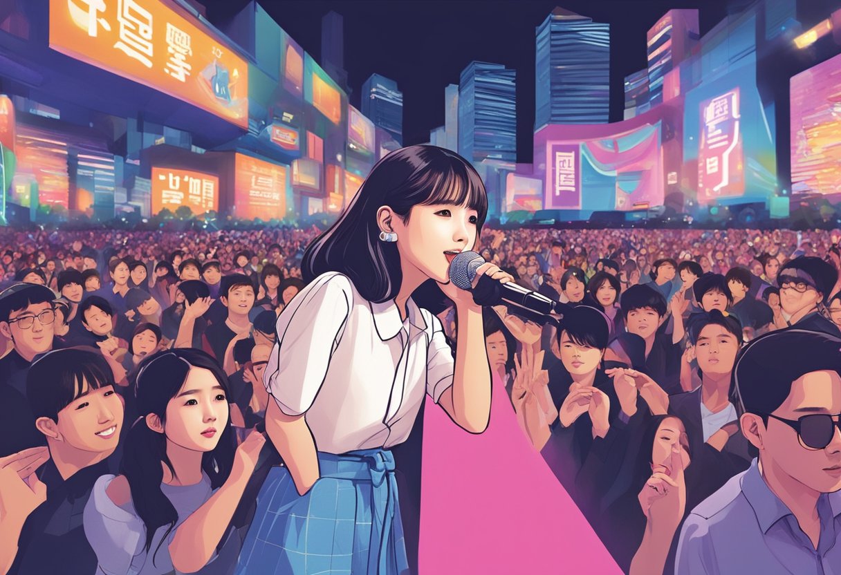 IU performs live on stage in Singapore, surrounded by a vibrant crowd. Bright lights illuminate the venue as she captivates the audience with her music and acting talent