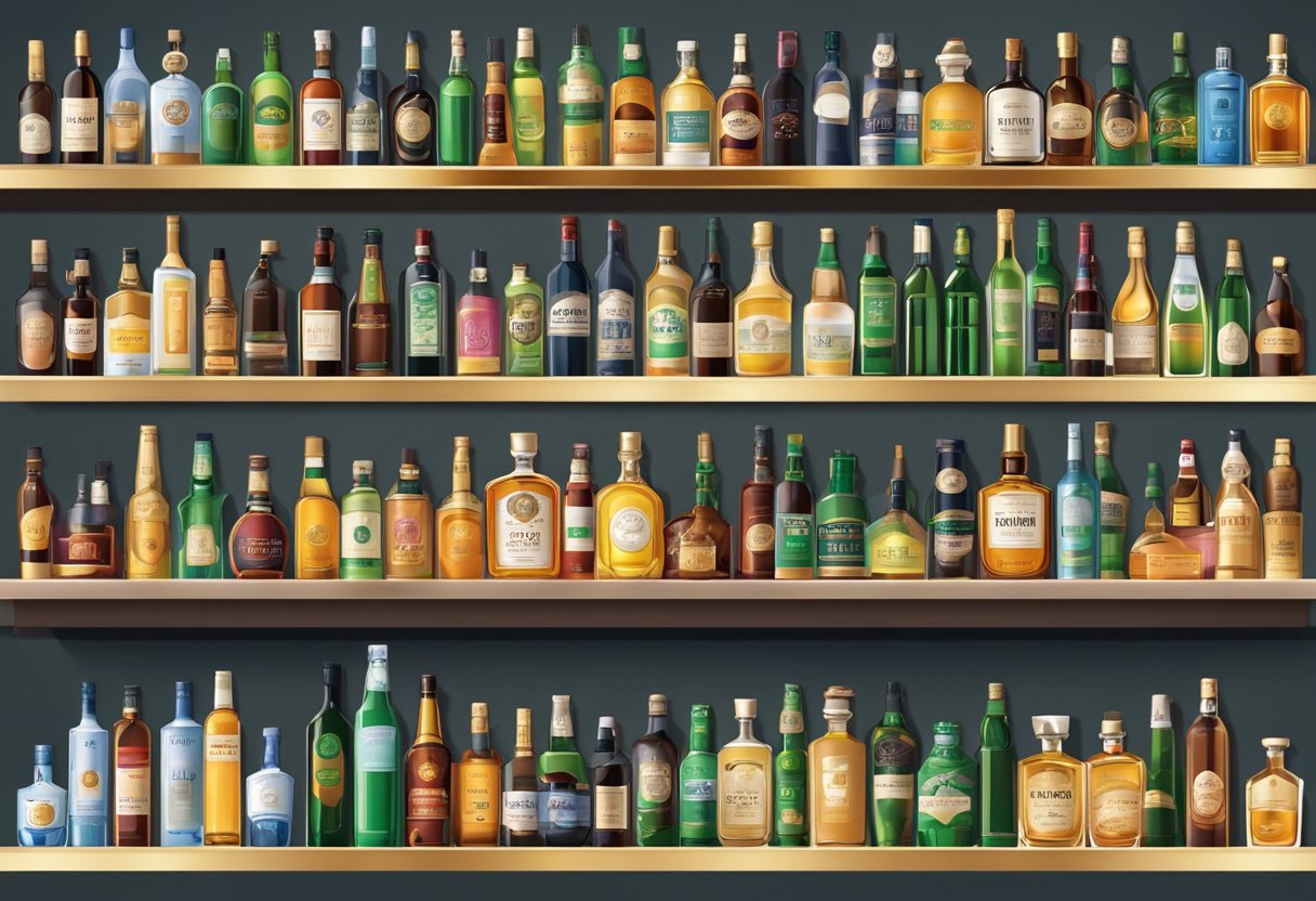 A display of Singapore duty-free alcohol with various bottles and brands arranged on shelves