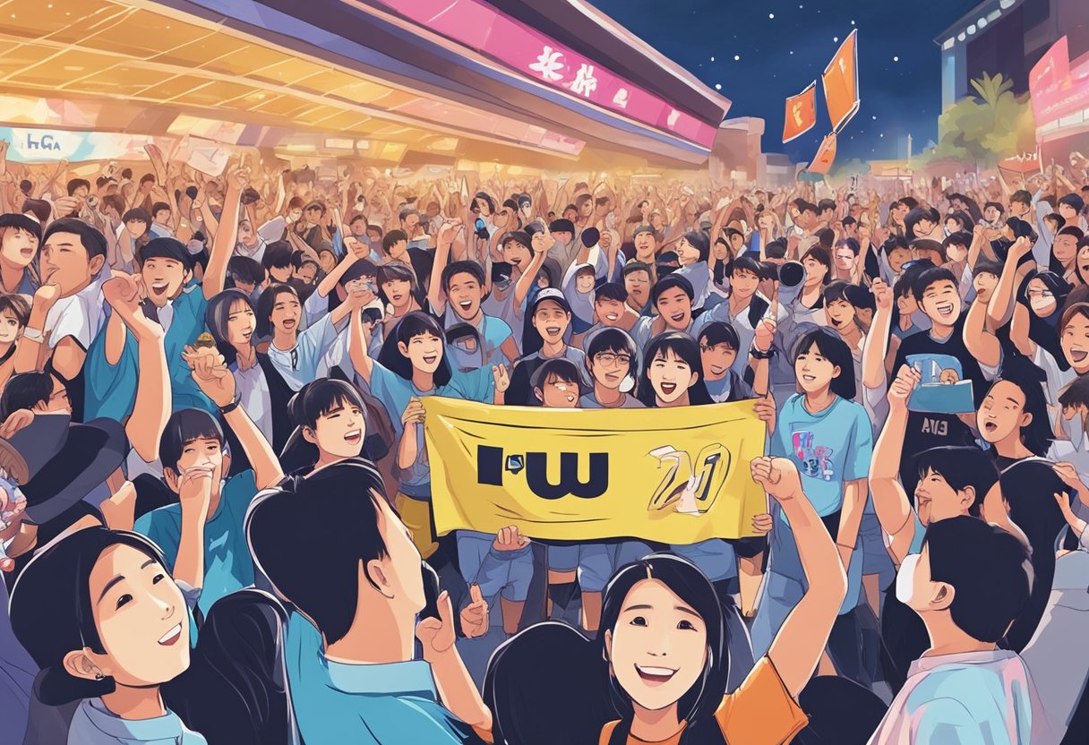 IU fans in Singapore gather outside the concert venue, holding banners and cheering excitedly. The atmosphere is electric as they eagerly wait for their favorite K-pop star to take the stage