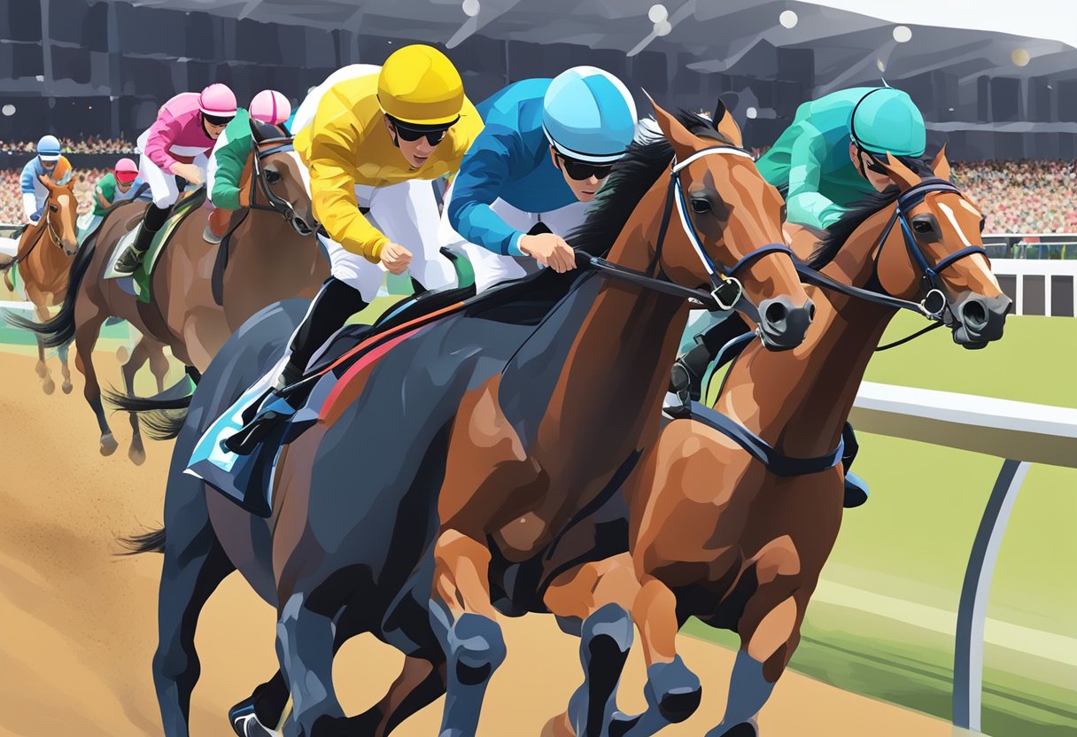 Horses gallop around the track at the Singapore horse racing live event, with spectators cheering in the background