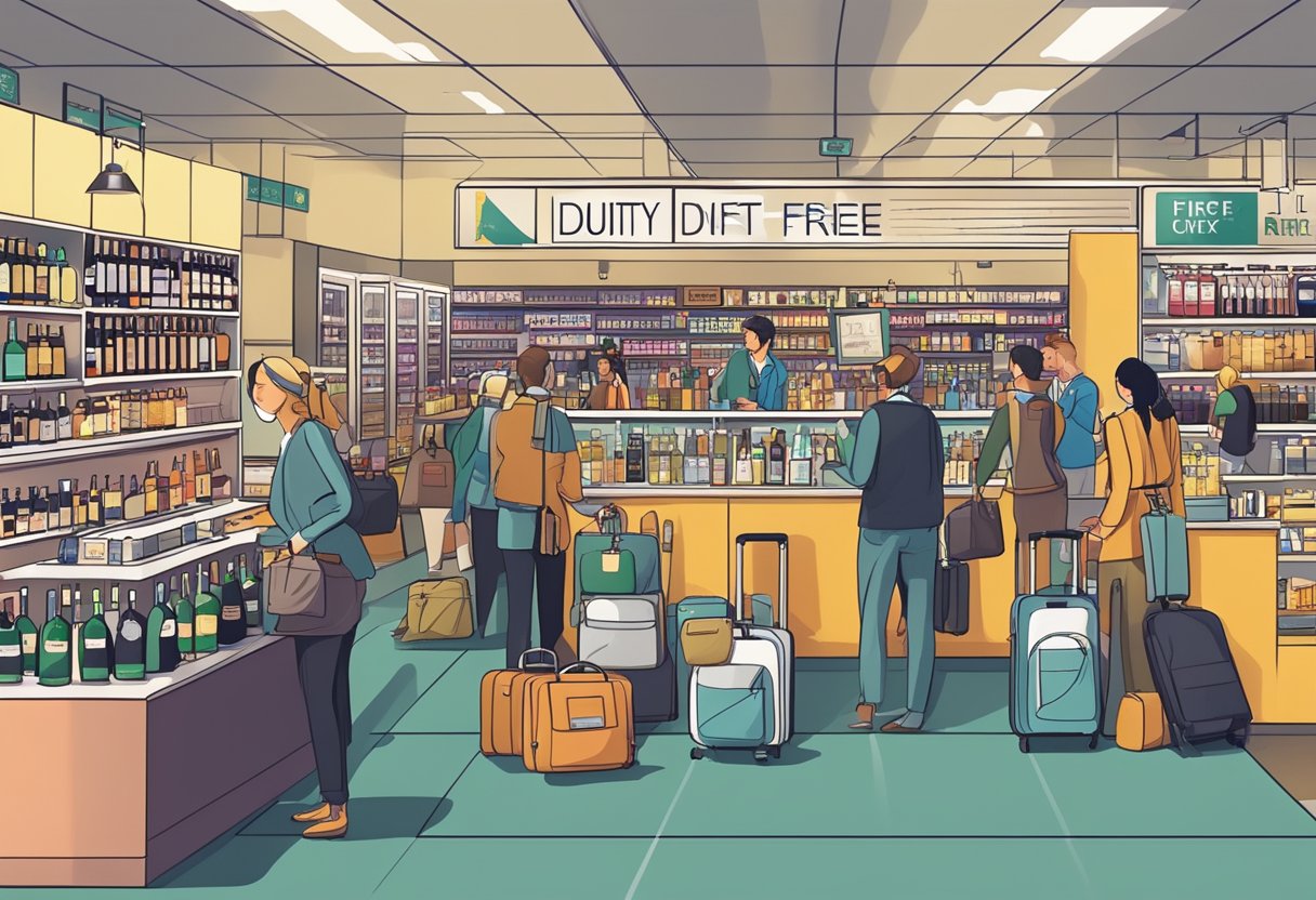 A bustling airport duty-free shop with shelves of alcohol, prominent signs displaying duty-free regulations, and travelers browsing the selection