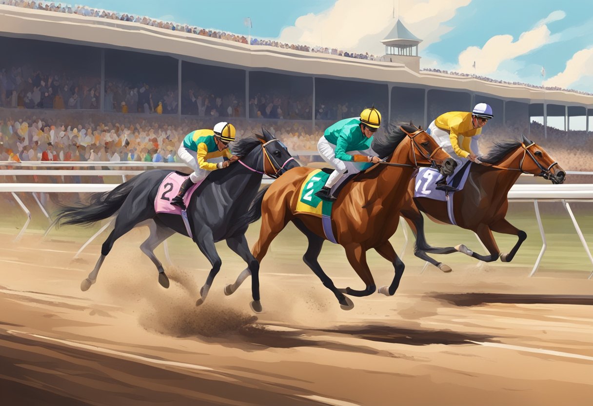 Horses thunder around the track, hooves kicking up dirt, jockeys leaning forward, and spectators cheering in the stands