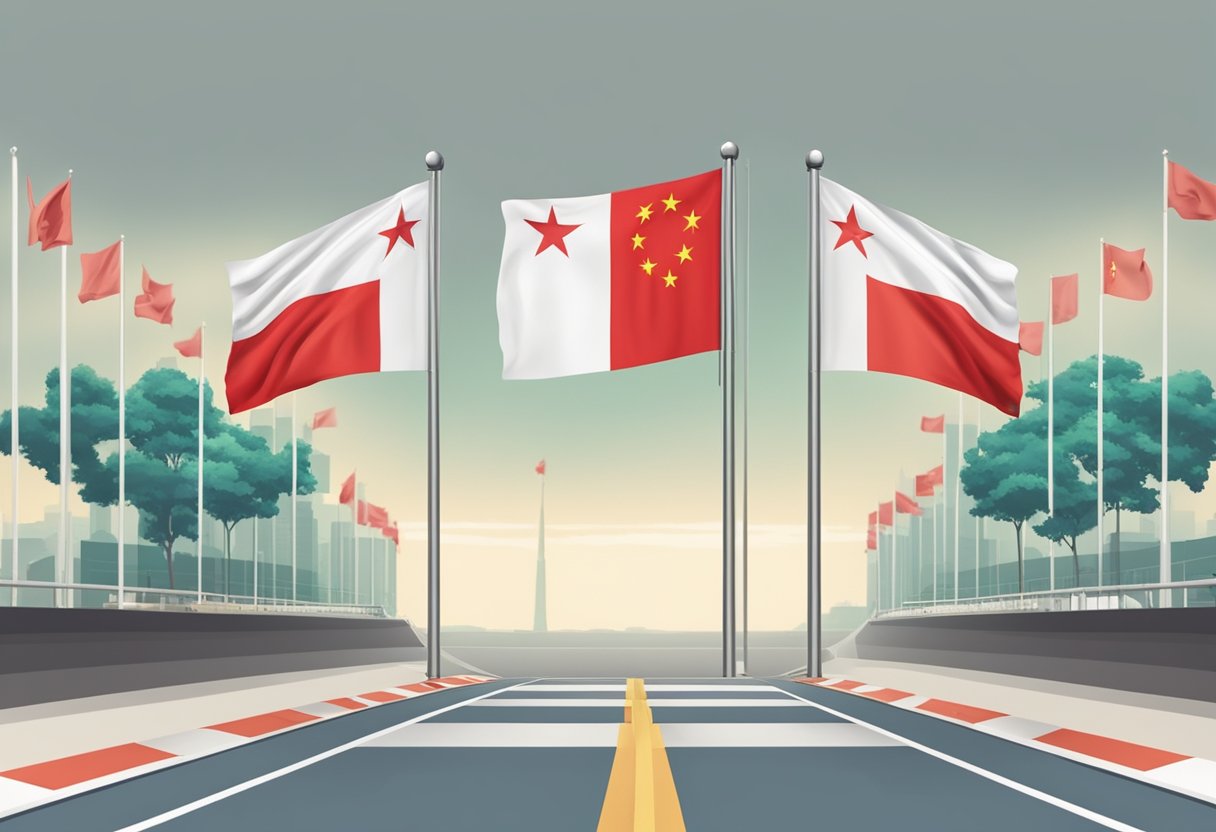 Two flags, Singapore and China, waving side by side in front of a symbolic border crossing, representing the visa-free agreement between the two countries