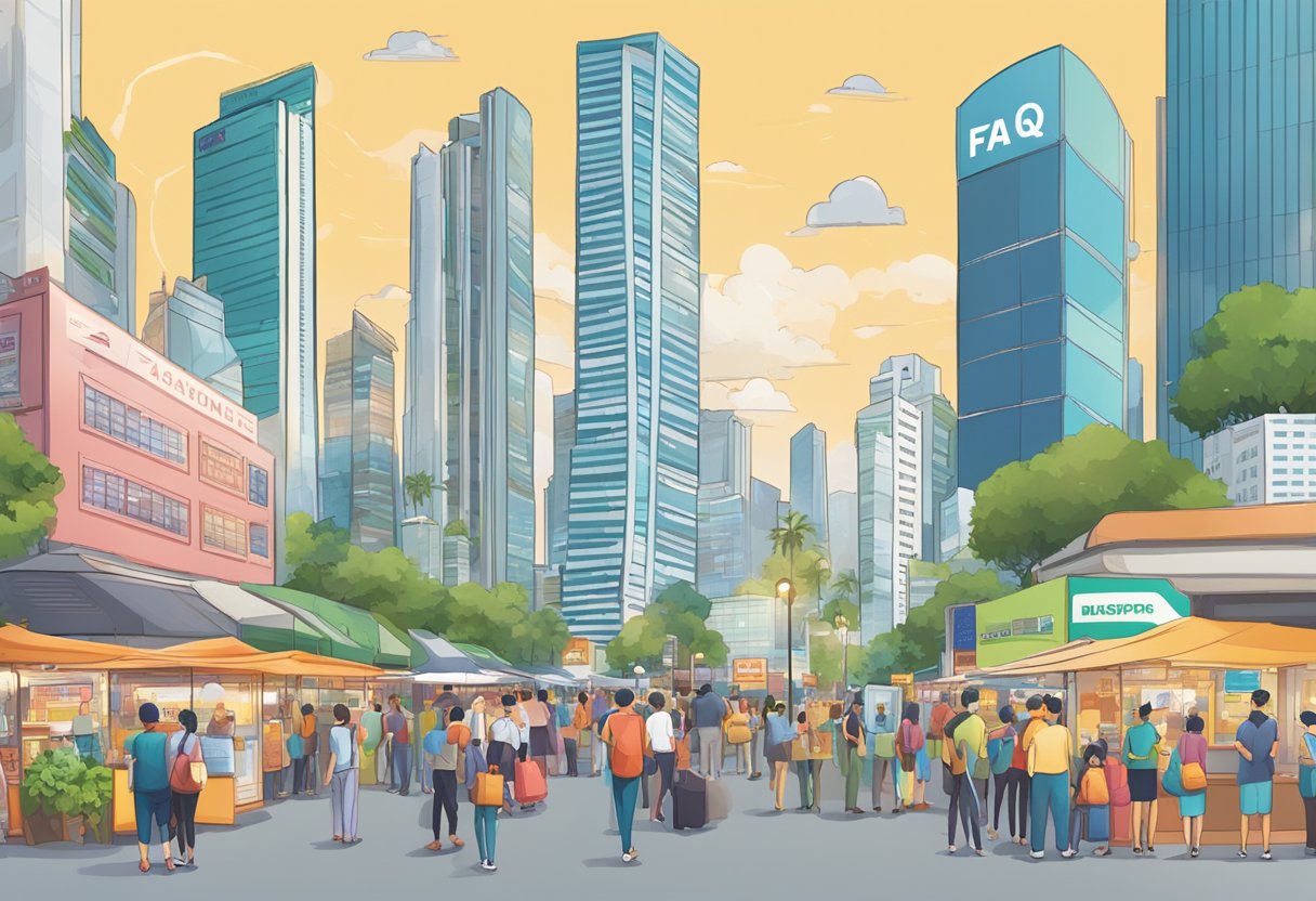 A bustling cityscape with prominent landmarks and a diverse crowd seeking information at a FAQ booth in Singapore