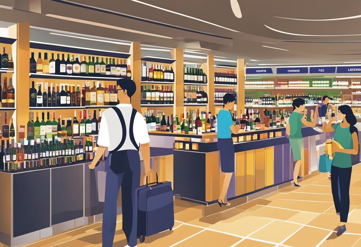 Customers browse shelves of duty-free alcohol at Changi Airport, Singapore. Brightly lit displays showcase a variety of spirits and wines