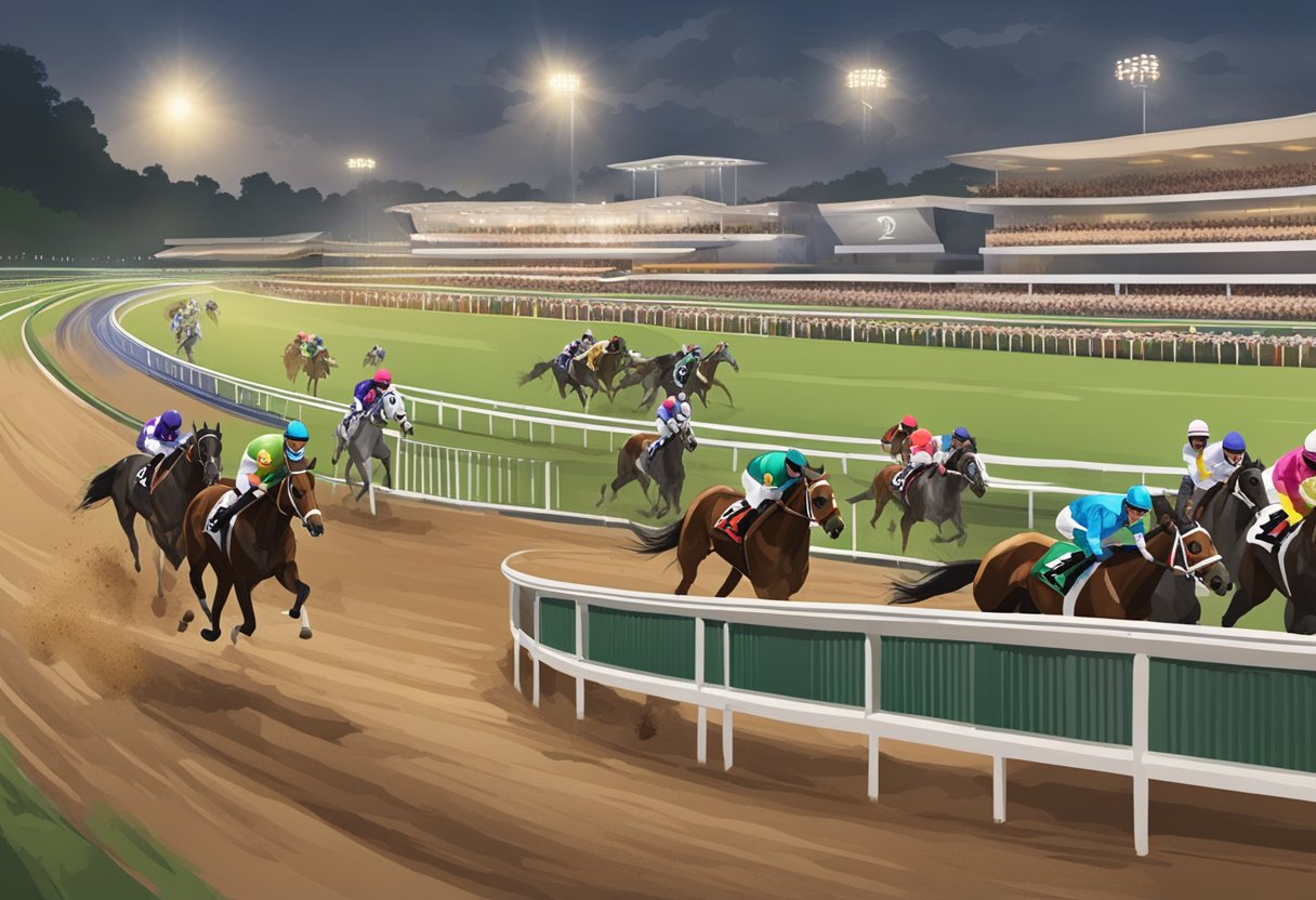 Horses thunder down the track, kicking up dirt, as spectators cheer and place bets at the Singapore horse racing event
