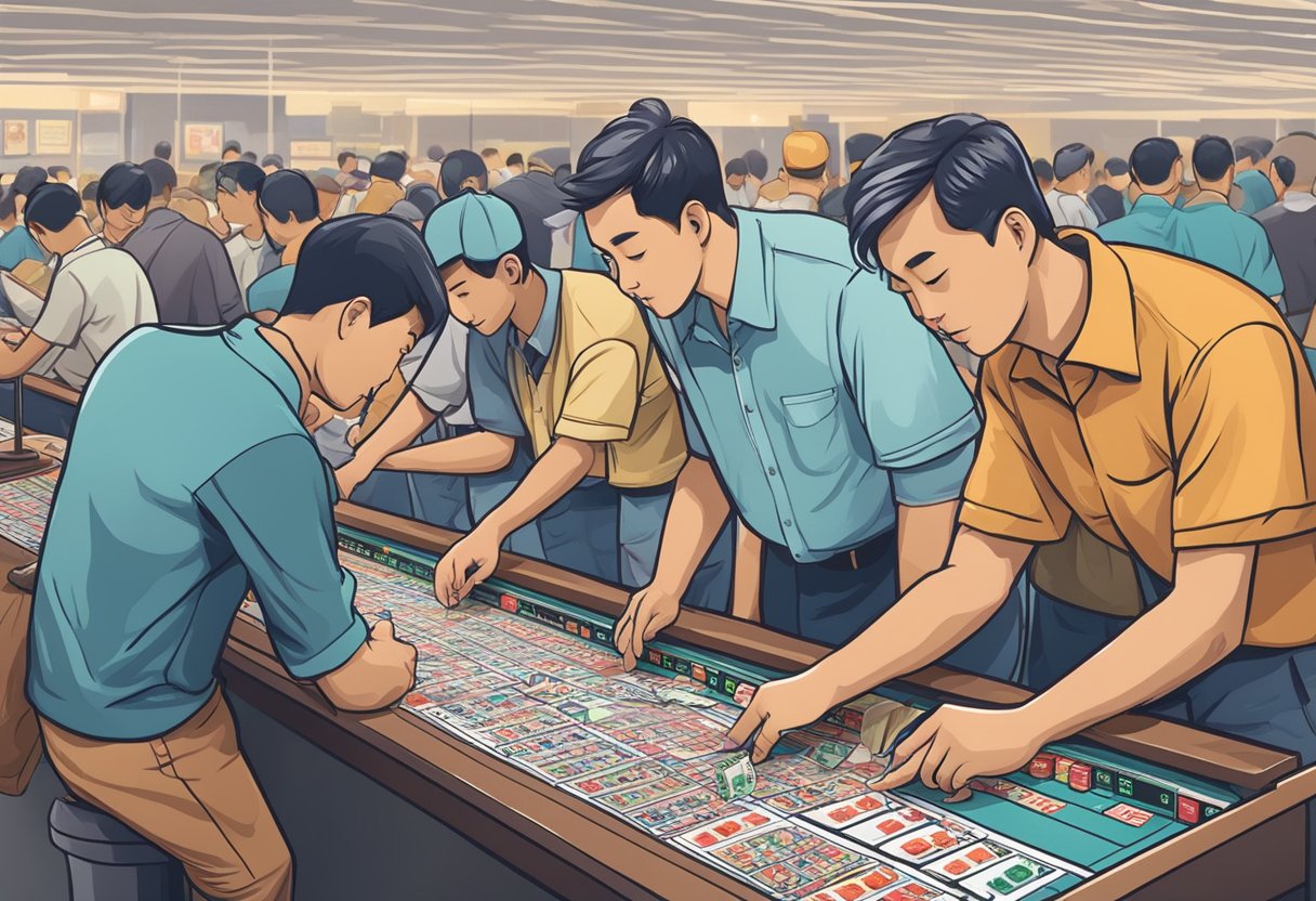 People placing bets at Singapore Pools, checking current odds