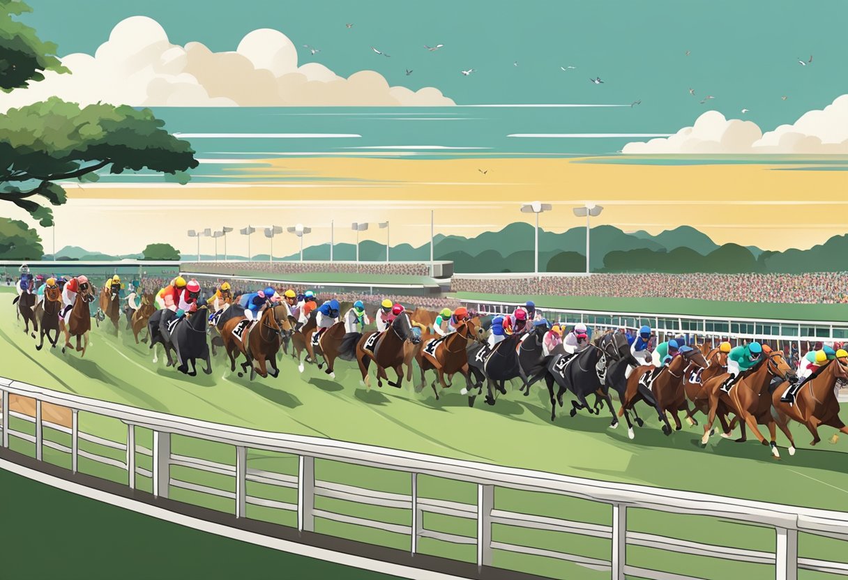 A crowded Singapore horse racing track with excited spectators cheering as the horses thunder down the final stretch