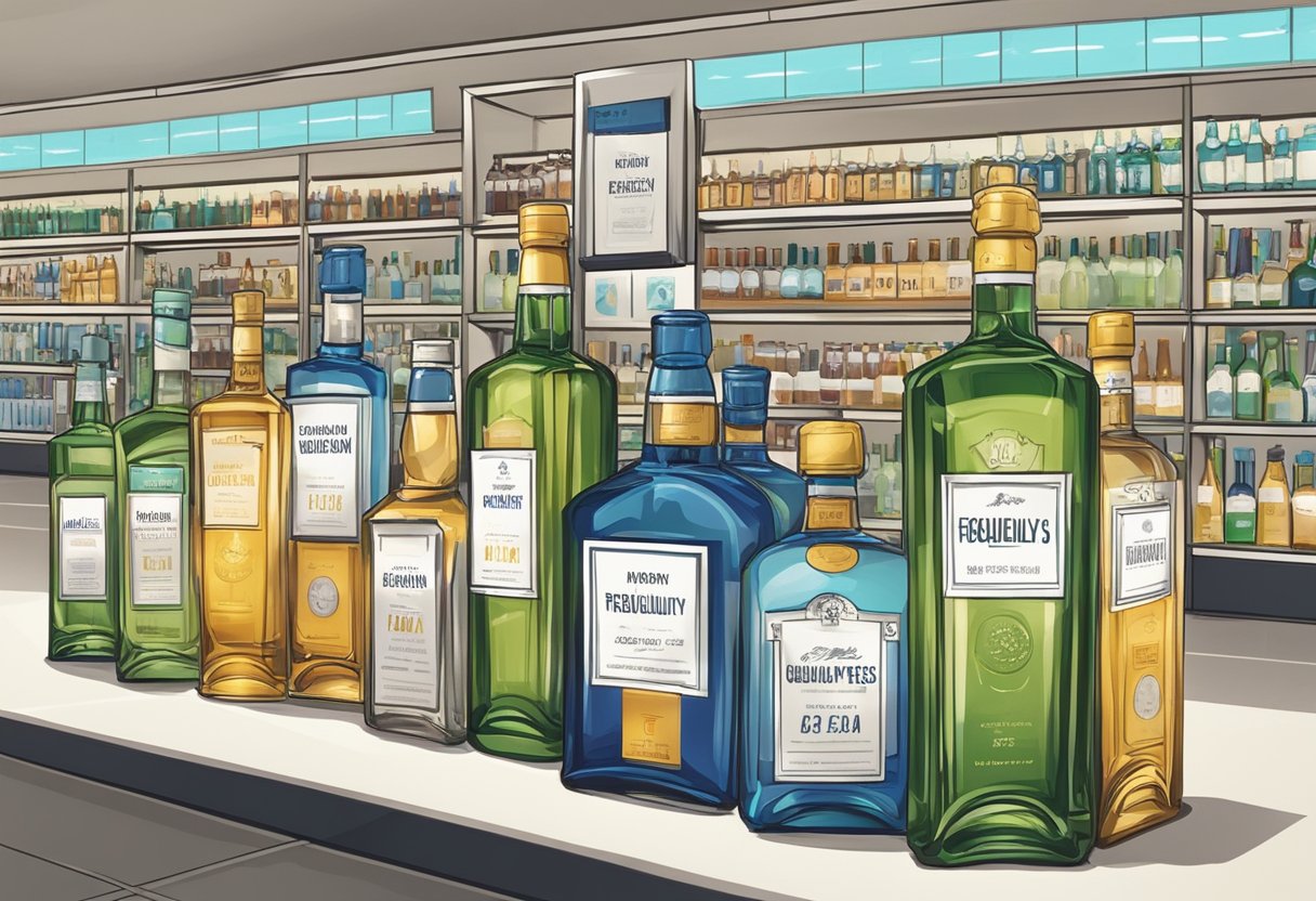 A display of duty-free alcohol bottles with a sign reading "Frequently Asked Questions" in a Singapore airport