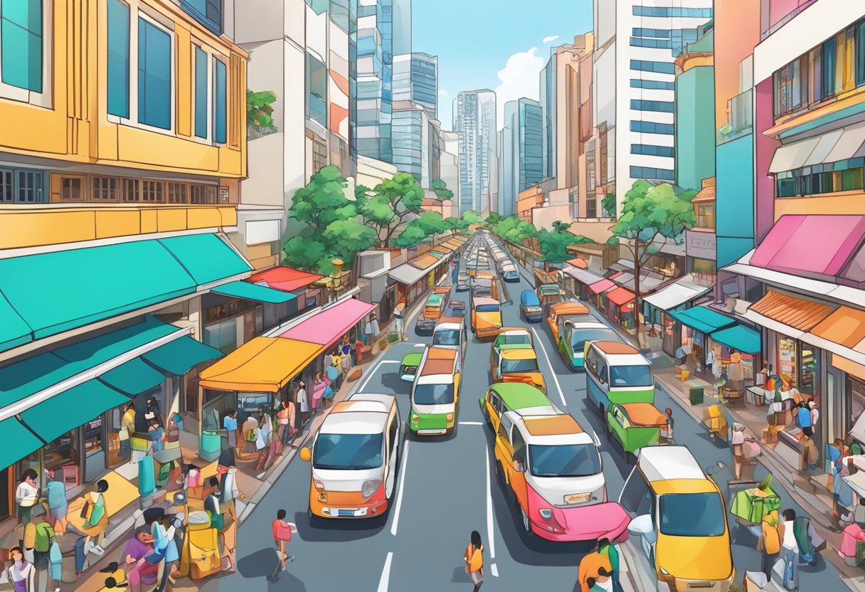 A busy street in Singapore with colorful shops and bustling activity