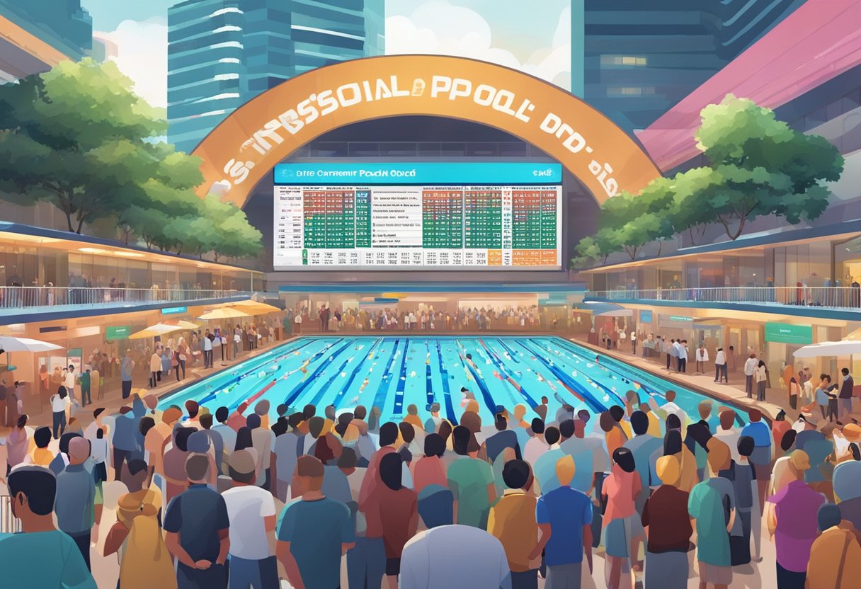 The Singapore Pool current odds display with FAQ signs and a busy crowd in the background