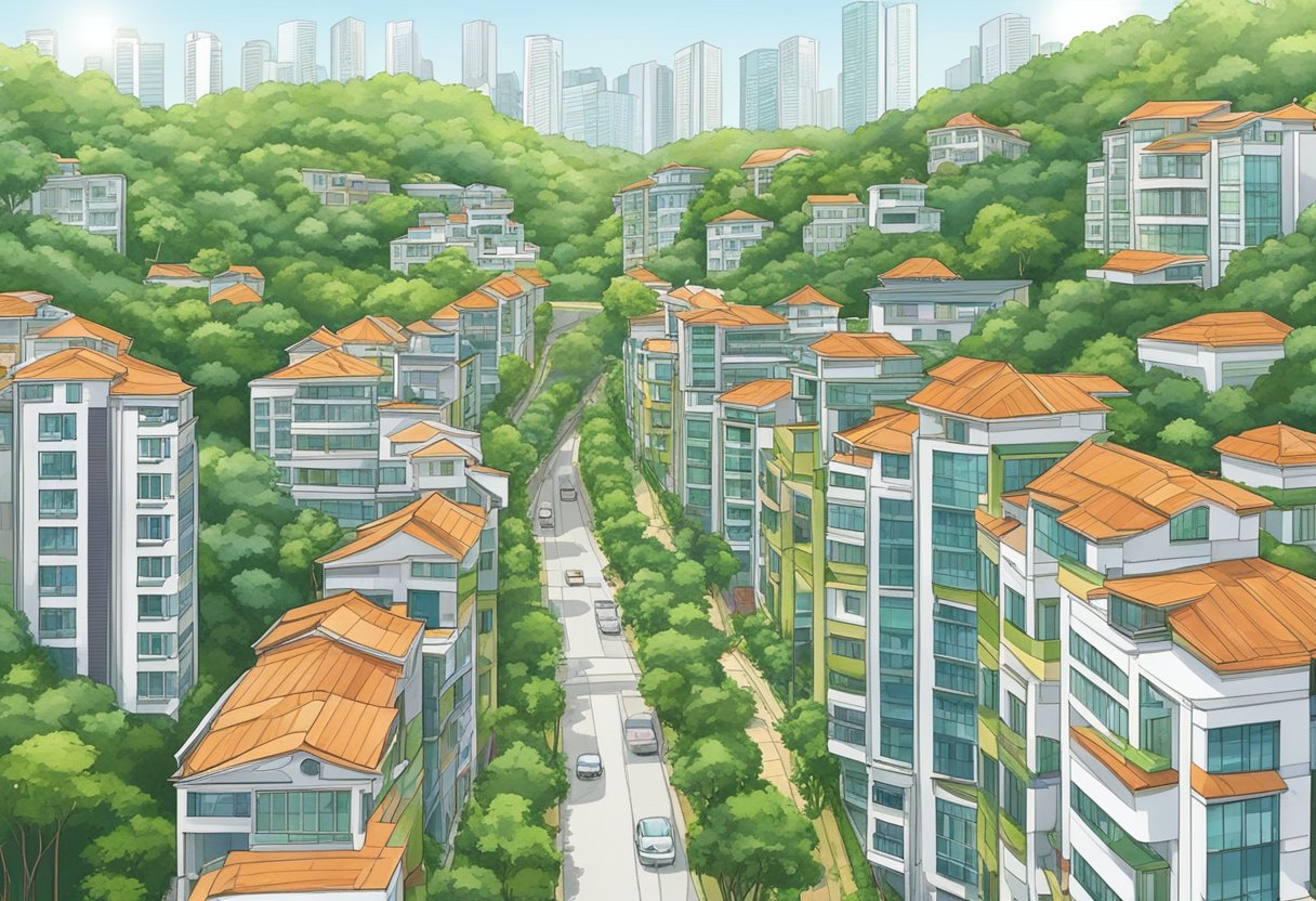 A row of modern residential buildings lines Kim Yam Road, Singapore, with lush greenery and a serene atmosphere