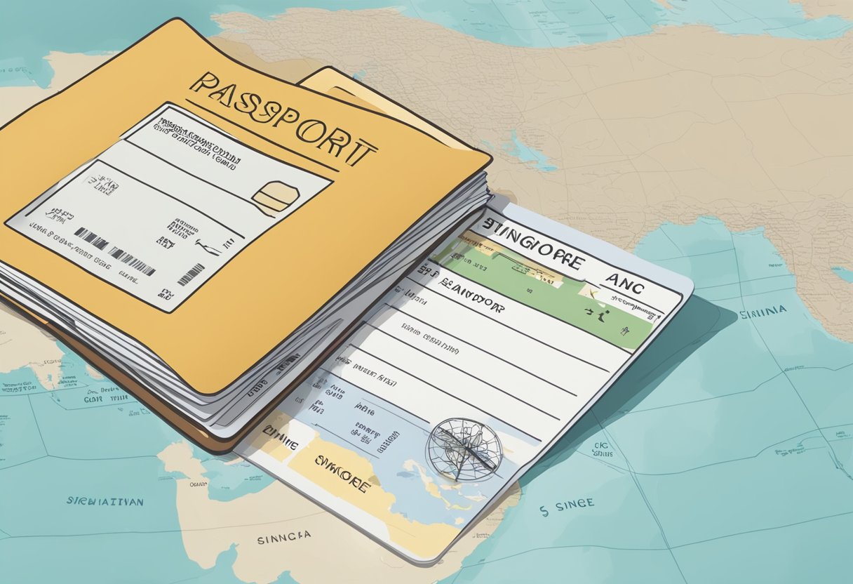 Passport and boarding pass on a table, with a map of Singapore and China in the background