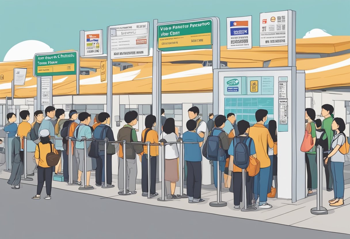 People lining up at a border checkpoint from Singapore to China, with signs and information about visa-free entry