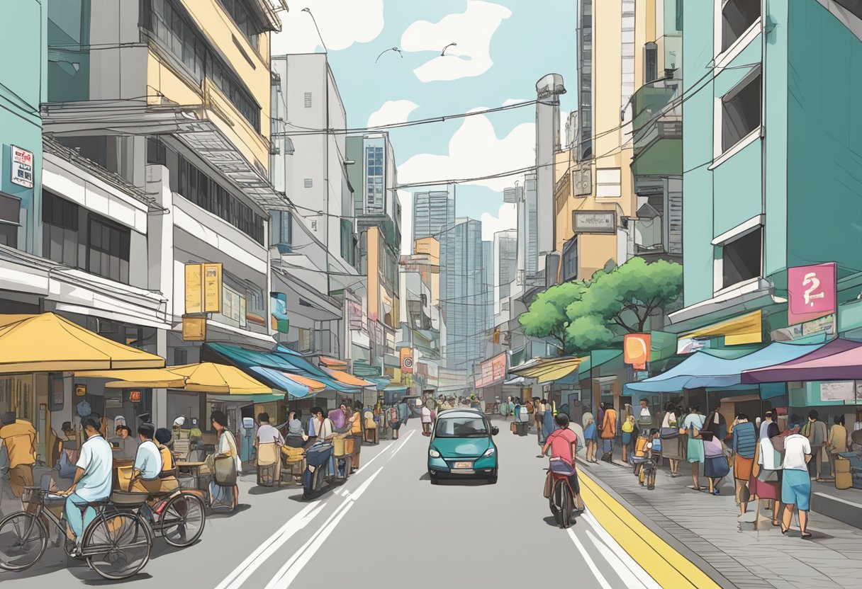 A bustling street in Singapore, with a sign for "Frequently Asked Questions" on Kim Yam Road