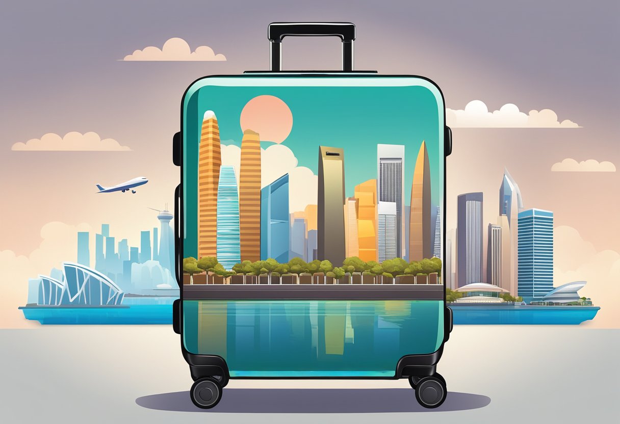 A sleek, modern suitcase stands against a backdrop of iconic Singapore landmarks, with the city's skyline in the background