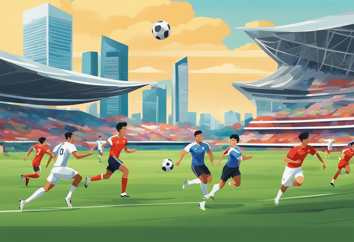 Players sprint across the field, passing the ball with precision. Fans cheer loudly, waving flags in support. The iconic Singapore skyline forms the backdrop