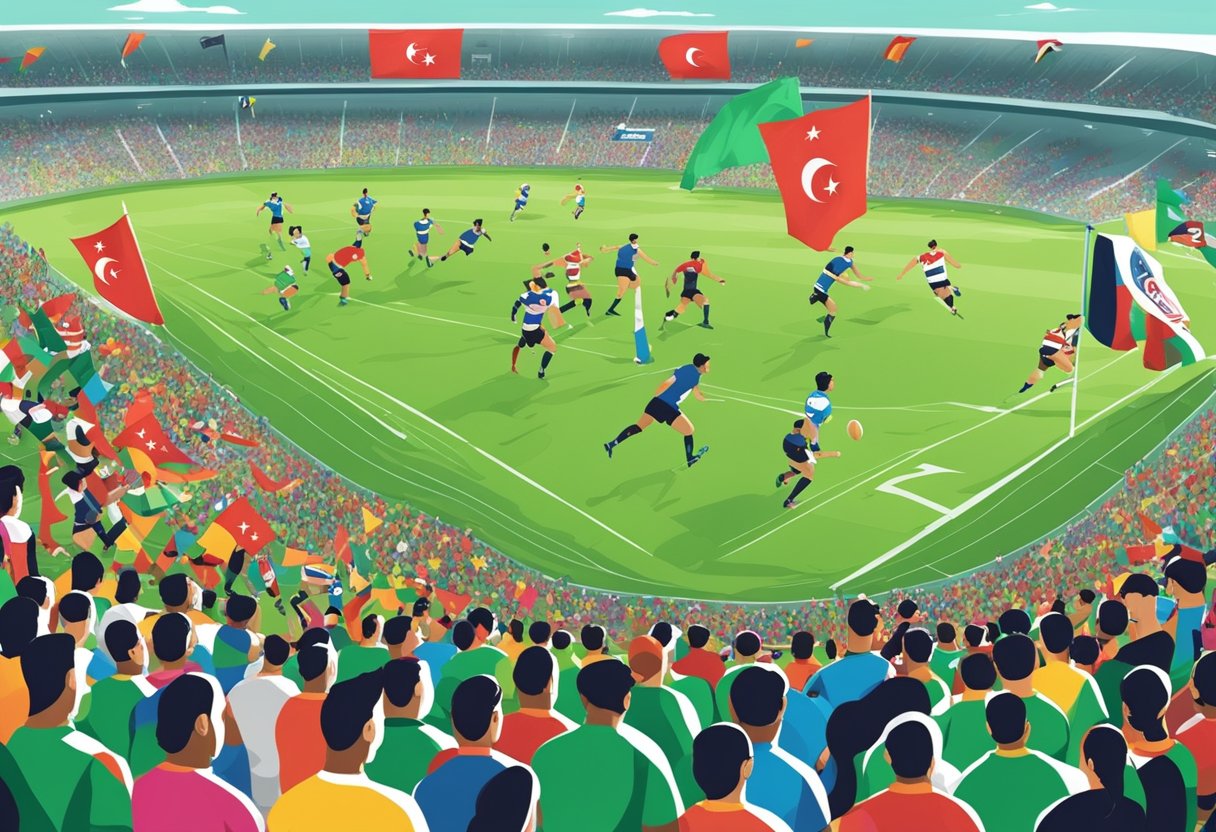 Players compete on a vibrant green field, surrounded by cheering fans and colorful team banners at the Singapore Rugby Sevens event