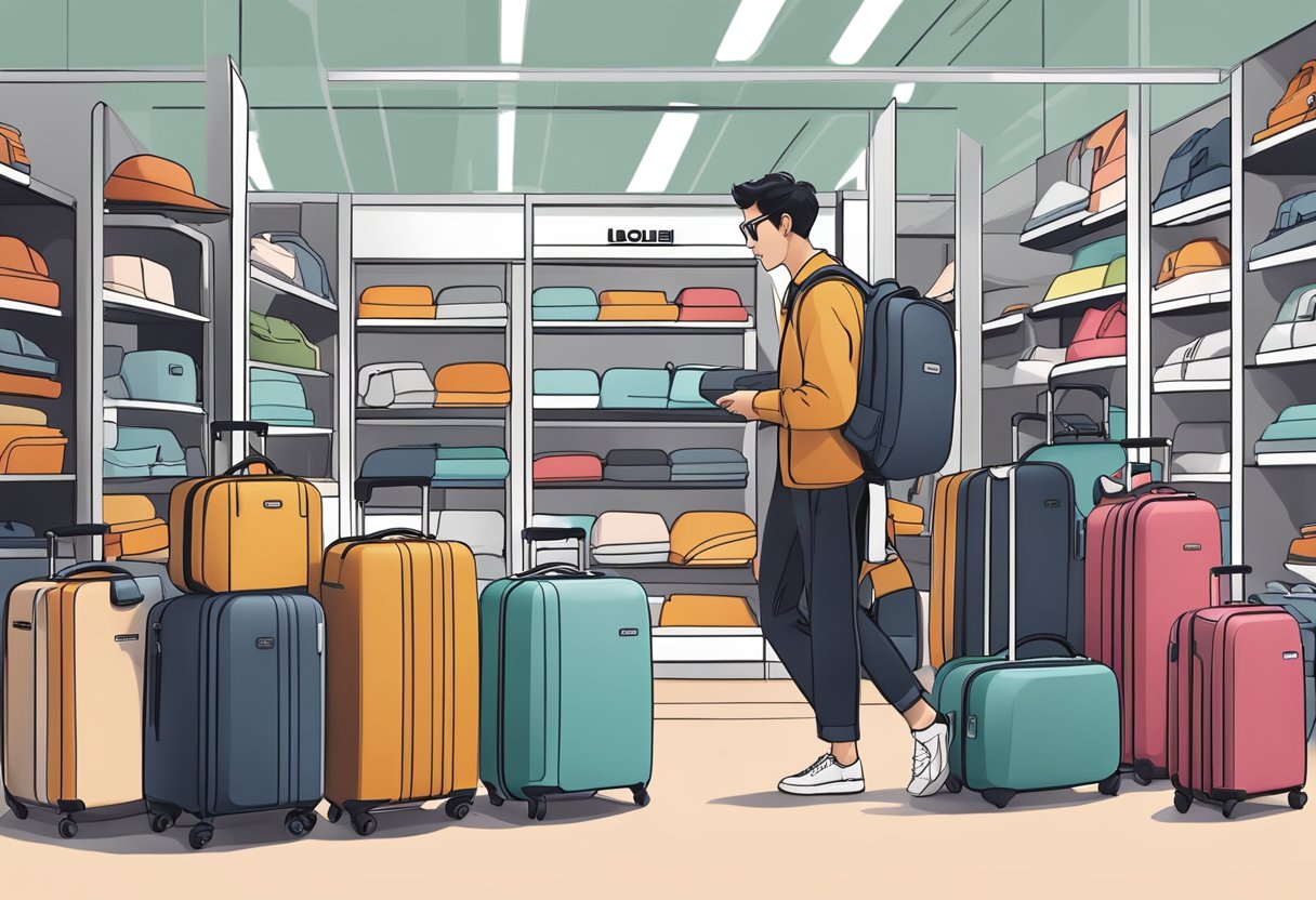 A traveler examines various Lojel luggage collections at a store in Singapore, surrounded by sleek, modern designs and durable materials