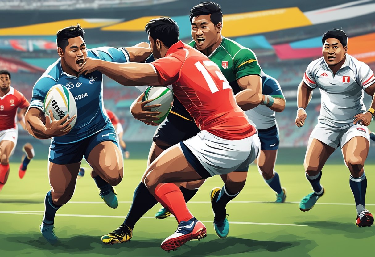 The rugby sevens match in Singapore features intense tackles and dynamic plays, resulting in a thrilling win for one team