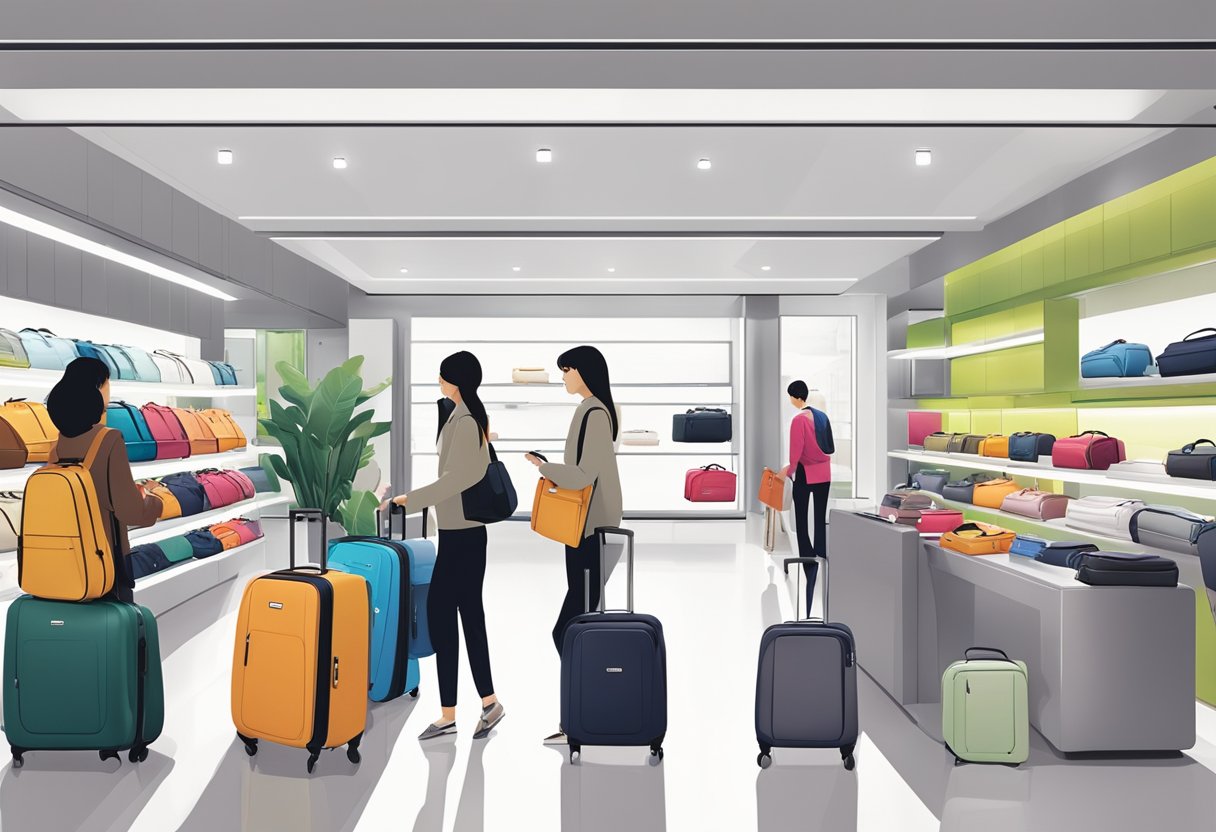 Shoppers browsing Lojel luggage in a modern Singapore store. Bright lighting and sleek displays create a sophisticated atmosphere